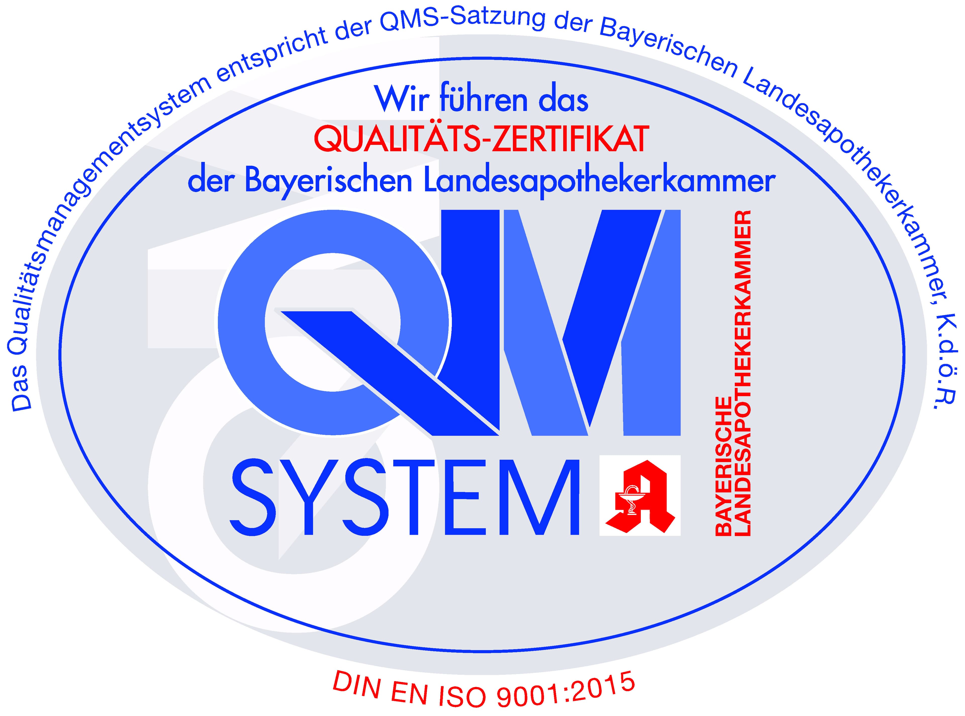 Das Qualitäts-Zertifikat der Bayerischen Landesapothekerkammer nach DIN EN ISO 9001:2015.